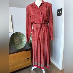 Vintage Talbots 90s Belted Maxi Dress Pleated Skirt Button Up Bodice Red Mustard